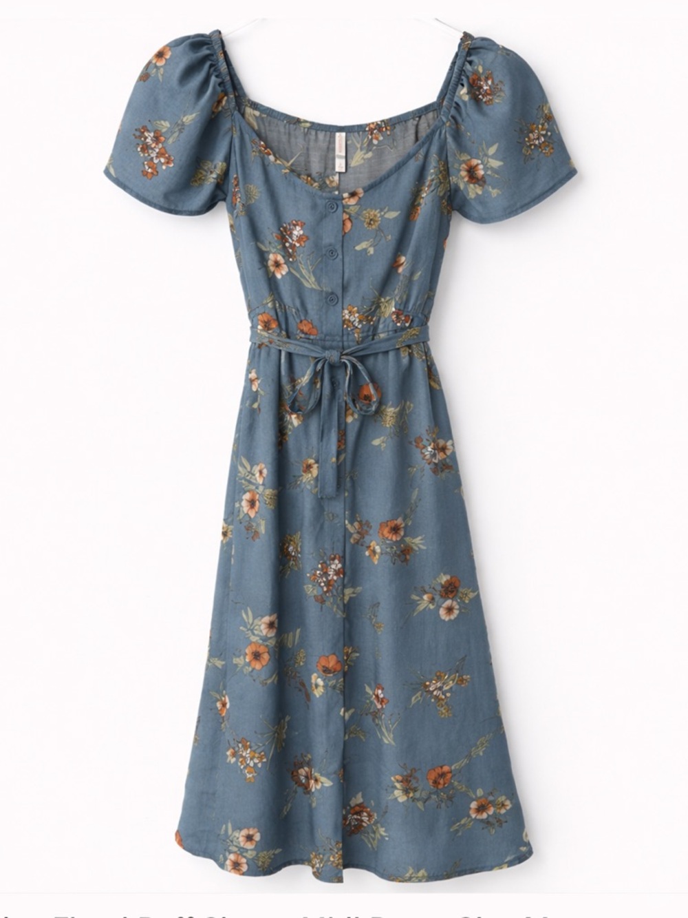 Blue Floral Puff Sleeve Midi Dress Tie Waist Button Front